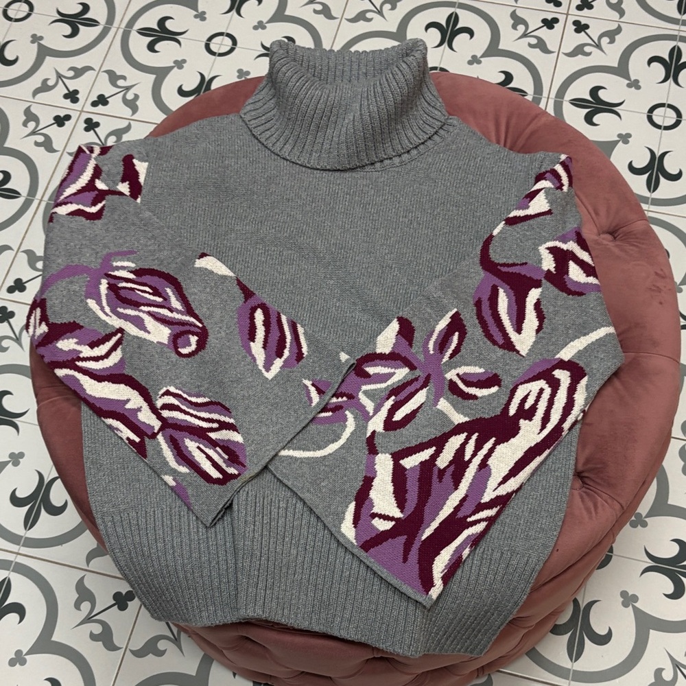 CAbi Gray and Purple Turtleneck Sweater